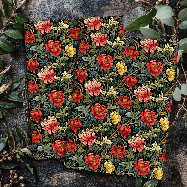 Art nouveau Morris red yellow flowers sage blue Tissue Paper (Art nouveau Morris red yellow flowers sage blue Tissue Paper)