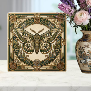 Art Nouveau Moth Green Gold Floral Ceramic Tile