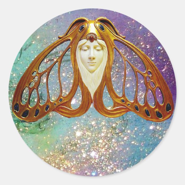 ART NOUVEAU MOTH WOMAN IN GOLD BLUE SPARKLES CLASSIC ROUND STICKER (Front)