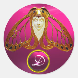 ART NOUVEAU MOTH WOMAN  PINK FUCHSIA GEM MONOGRAM CLASSIC ROUND STICKER