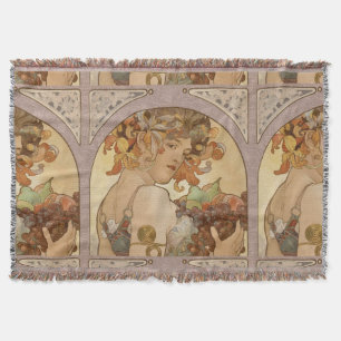 Art Nouveau Mucha Beautiful Woman Fruit Throw Blanket
