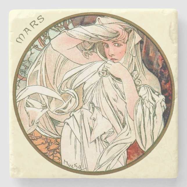 Art Nouveau Mucha Calendar March Stone Coaster (Front)