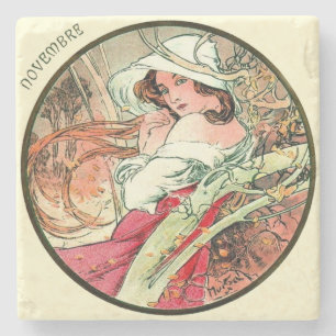 Art Nouveau Mucha Calendar November Stone Coaster