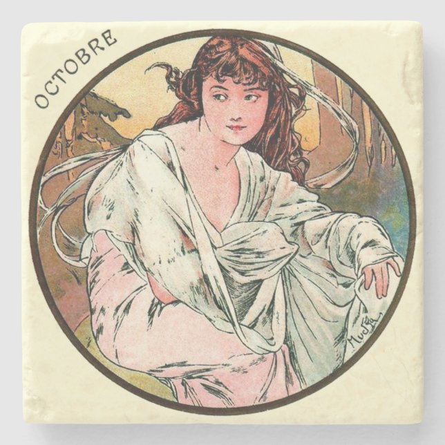 Art Nouveau Mucha Calendar October Stone Coaster (Front)
