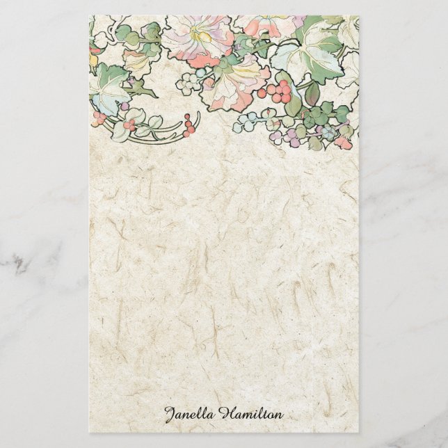 Art Nouveau Mucha Hollyhock Flowers Stationery (Front)