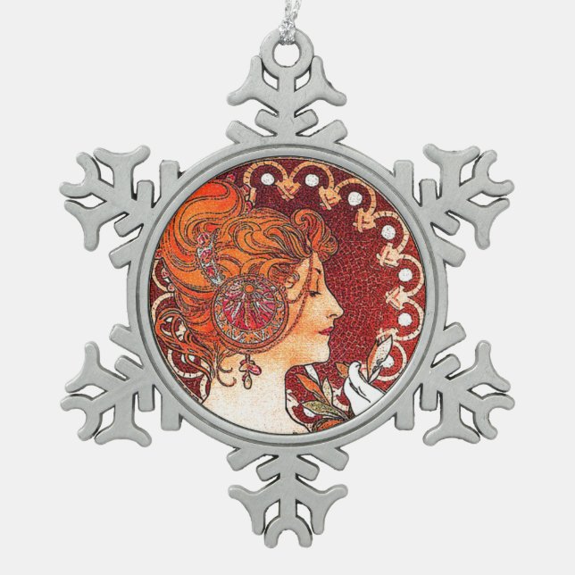 Art Nouveau Mucha Lady Snowflake Ornament (Front)