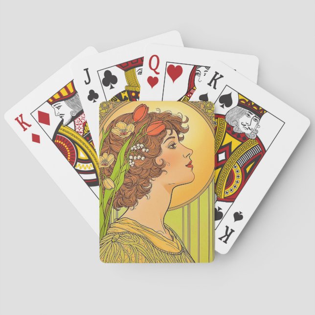 Art -nouveau  Muse  with spring  flowers Playing Cards (Back)