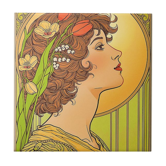  Art -nouveau  Muse  with spring  flowers Tile (Front)