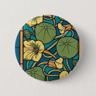 Art Nouveau Nasturtium Blue Gold floral Verneuil  6 Cm Round Badge