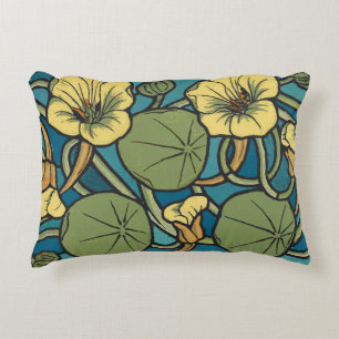 Art Nouveau Nasturtium Blue Gold floral Verneuil  Decorative Cushion