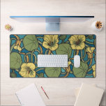 Art Nouveau Nasturtium Blue Gold floral Verneuil  Desk Mat<br><div class="desc">Infuse your home with the rhythmic energy of the Belle Époque with this stunning Art Nouveau nasturtium pattern. Inspired by the legendary French artist Maurice Pillard Verneuil, this design captures the brilliant yellow blooms and iconic lily-pad-shaped leaves of the nasturtium in a bold, structured layout. The striking contrast between the...</div>