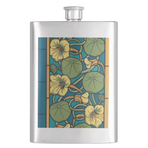 Art Nouveau Nasturtium Blue Gold floral Verneuil  Hip Flask