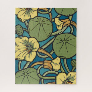 Art Nouveau Nasturtium Blue Gold floral Verneuil Jigsaw Puzzle