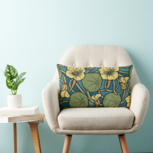 Art Nouveau Nasturtium Blue Gold floral Verneuil  Lumbar Cushion
