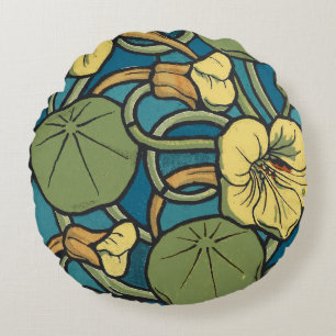 Art Nouveau Nasturtium Blue Gold floral Verneuil  Round Cushion