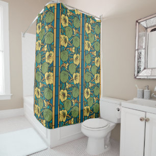 Art Nouveau Nasturtium Blue Gold floral Verneuil  Shower Curtain