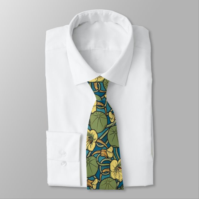 Art Nouveau Nasturtium Blue Gold floral Verneuil  Tie (Tied)