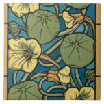 Art Nouveau Nasturtium Blue Gold floral Verneuil  Tile<br><div class="desc">Infuse your home with the rhythmic energy of the Belle Époque with this stunning Art Nouveau nasturtium pattern. Inspired by the legendary French artist Maurice Pillard Verneuil, this design captures the brilliant yellow blooms and iconic lily-pad-shaped leaves of the nasturtium in a bold, structured layout. The striking contrast between the...</div>