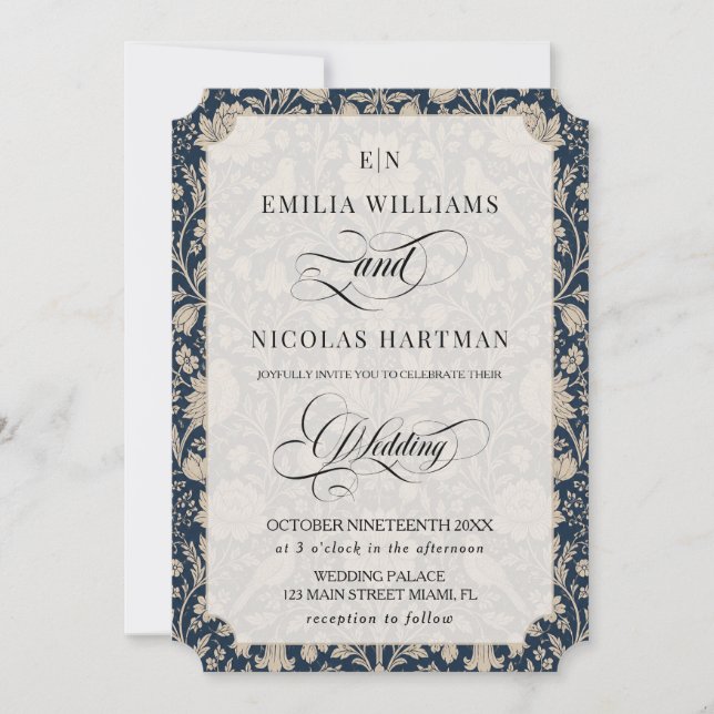 Art Nouveau Navy Blue Wedding Invitation (Front)