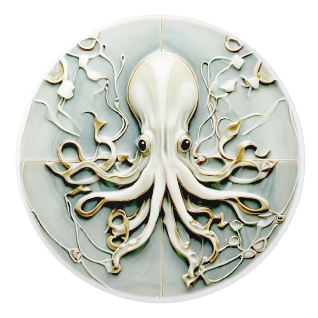 Art Nouveau Octopus Faux Relief Gold & Mint Pastel Ceramic Knob (Front)