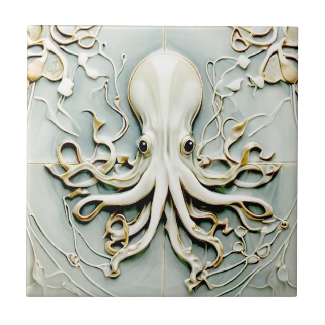Art Nouveau Octopus Faux Relief Gold & Mint Pastel Tile (Front)