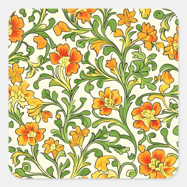  Art Nouveau orange and yellow floral pattern  Square Sticker (Front)