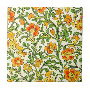 Art Nouveau orange and yellow floral pattern Tile