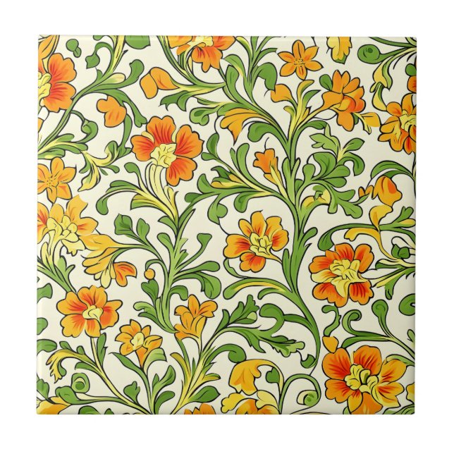  Art Nouveau orange and yellow floral pattern  Tile (Front)