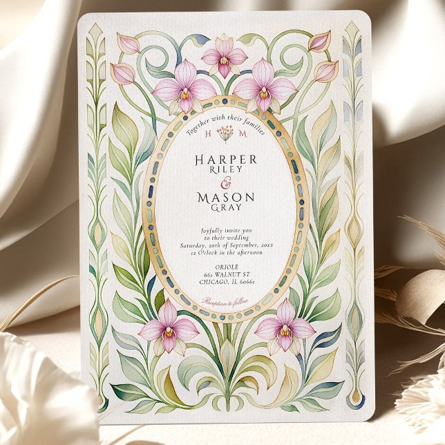 Art Nouveau Orchid & Foliage Gold Wedding Invitation (Creator Uploaded)