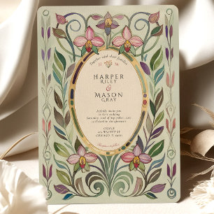 Art Nouveau Orchid & Foliage Gold Wedding Invitation
