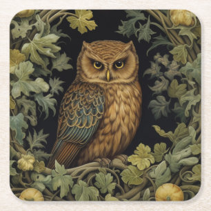 Art nouveau owl in the forest square paper coaster