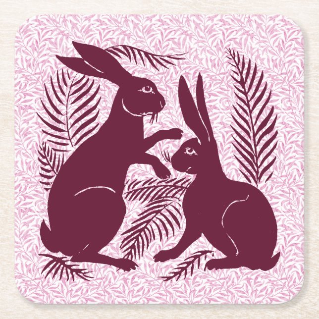 Art Nouveau Pair of Rabbits De Morgan and Morris Square Paper Coaster (Front)