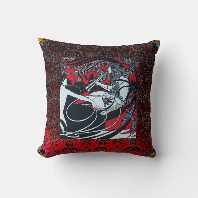 ART NOUVEAU PAN , RED BLACK WHITE DAMASK CUSHION (Front)