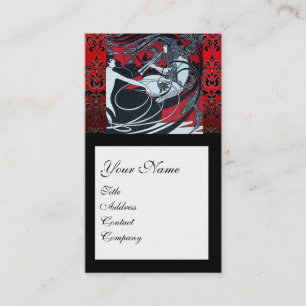ART NOUVEAU PAN , RED BLACK WHITE DAMASK MONOGRAM BUSINESS CARD