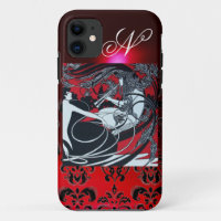 ART NOUVEAU PAN , RED BLACK WHITE DAMASK MONOGRAM