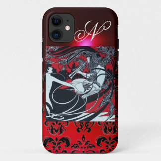 ART NOUVEAU PAN , RED BLACK WHITE DAMASK MONOGRAM iPhone 11 CASE