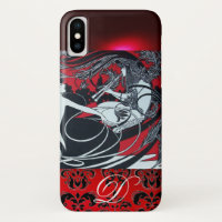 ART NOUVEAU PAN , RED BLACK WHITE DAMASK MONOGRAM