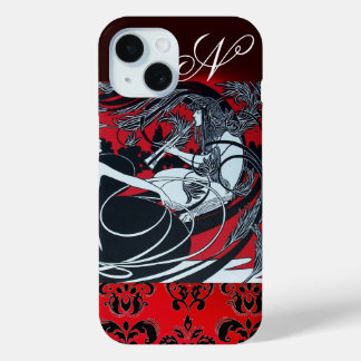 ART NOUVEAU PAN , RED BLACK WHITE DAMASK MONOGRAM iPhone 15 CASE