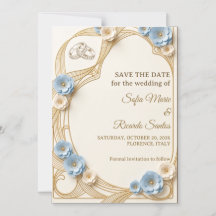 Art Nouveau Pastel Blue Gold Wedding Save The Date
