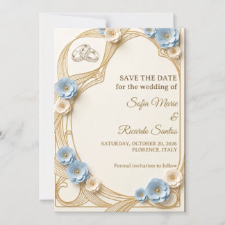 Art Nouveau Pastel Blue Gold Wedding Save The Date Magnetic Invitation