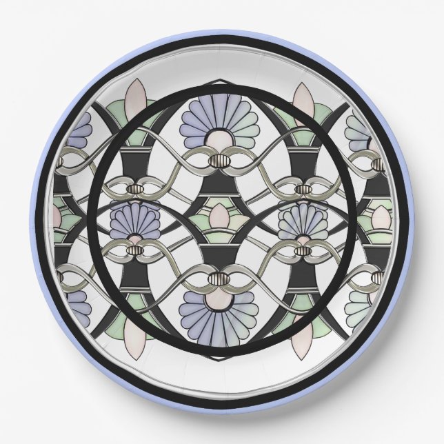Art Nouveau Pastel Shells, Lilies & Black Arches Paper Plate (Front)