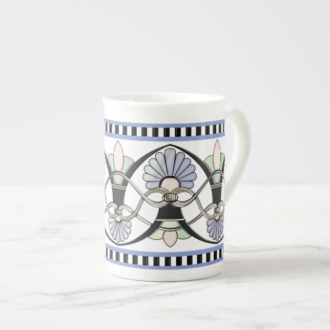 Art Nouveau Pastel Shells, Lilies & Black Stripes Bone China Mug (Front Right)