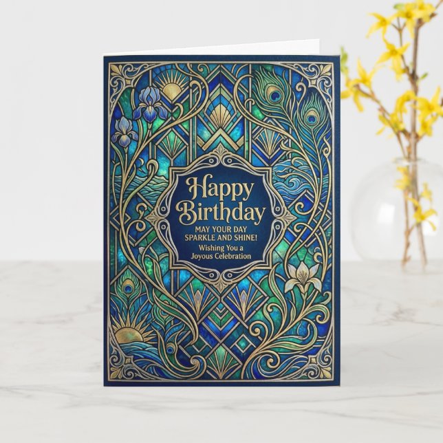 Art Nouveau Peacock Jeweled Happy Birthday Card (Yellow Flower)