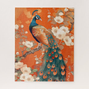 Art Nouveau Peacock on Orange Floral Jigsaw Puzzle