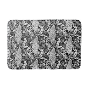 Art Nouveau Peacock Print, Black and White Bath Mat