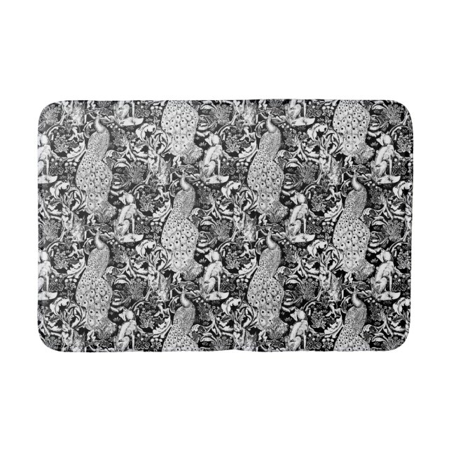 Art Nouveau Peacock Print, Black and White Bath Mat (Front)