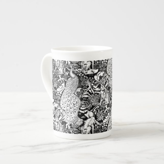 Art Nouveau Peacock Print, Black and White Bone China Mug (Front Left)