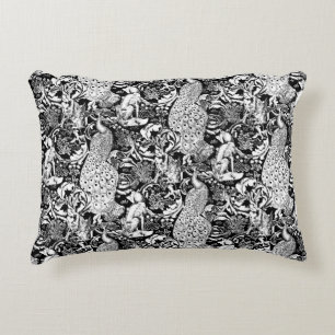Art Nouveau Peacock Print, Black and White Decorative Cushion