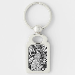 Art Nouveau Peacock Print, Black and White Key Ring