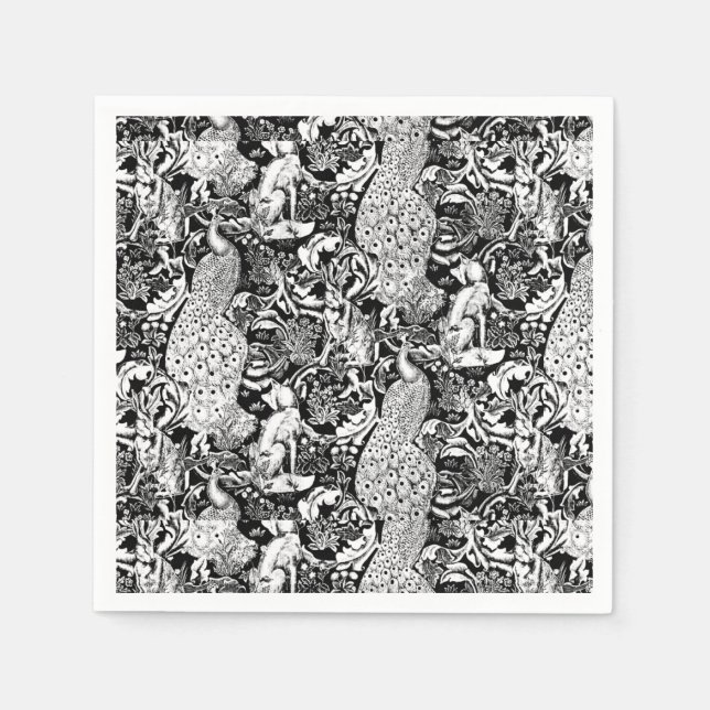 Art Nouveau Peacock Print, Black and White Napkin (Front)